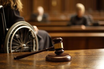 Gavel on Courtroom Table with Blurred Wheelchair Figure in Background