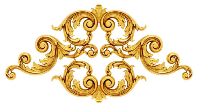 Ornate golden baroque scrollwork element with swirling acanthus leaves on a white background graphic isolated on a transparent background