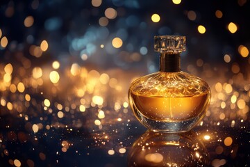 Golden Perfume Bottle in Center of Dark Background