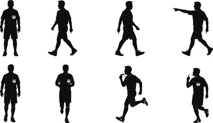 Silhouette collection of professional referees, arbiters, and officials in various poses, including standing, walking, and running for sports and game concepts