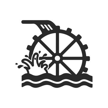 Black and white water wheel icon with splashing water in minimalist style