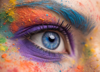 Vibrant Color Explosion Eye Makeup | High Detail Artistic Close-Up with Blue Mascara & Powder
