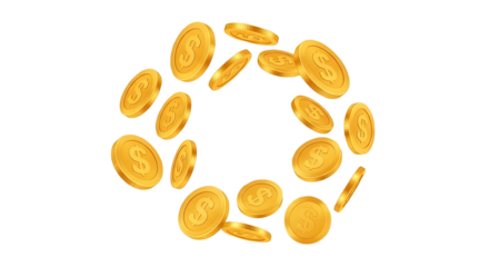 Pile of Gold Coins with Dollar Signs Falling and Spinning in a Circle money currency isolated on a transparent background