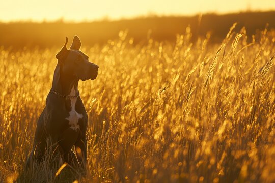 Great Dane Sitting Calmly in Large Open Meadow
