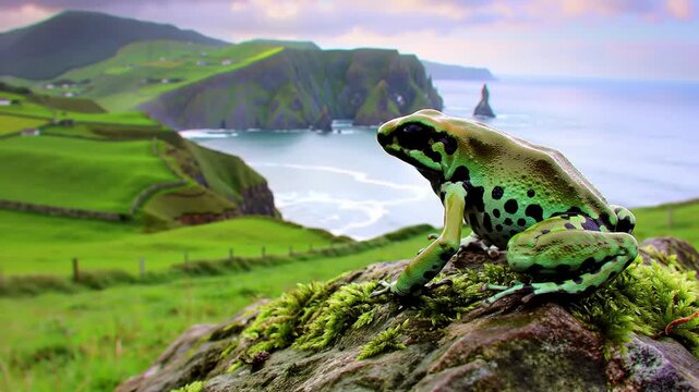 Colorful frog perched on rock with lush green landscape and ocean background under cloudy sky