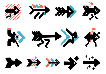 Abstract and Playful Arrow Icon Set with Modern Geometric and Character Designs
