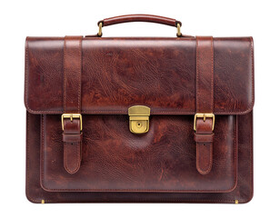 This image showcases a detailed  of a vintage, brown leather briefcase, with its distinctive texture and golden clasps against a black background.