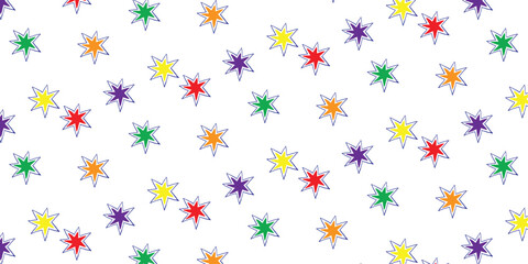 Multicolor Starburst Seamless Pattern, Minimal Firework Style on White