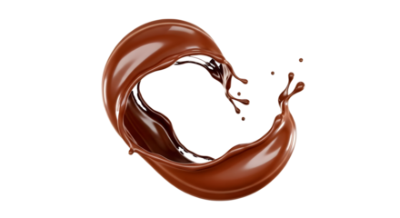 Rich brown chocolate liquid splashing and swirling in a dynamic motion on a white background graphic isolated on a transparent background