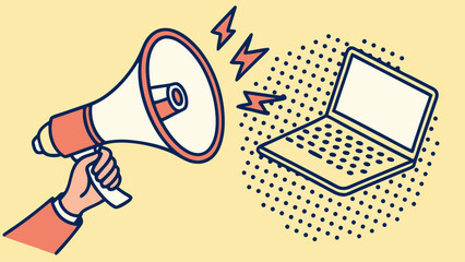 Vector illustration of hand holding megaphone announcing online news or digital marketing campaign