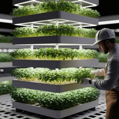A vertical indoor hydroponic farm displays lush green trays of microgreens with a worker harvesting. Close, crisp macro focus on leaves, LED grow light glow and modern urban farming aesthetic. . Analy