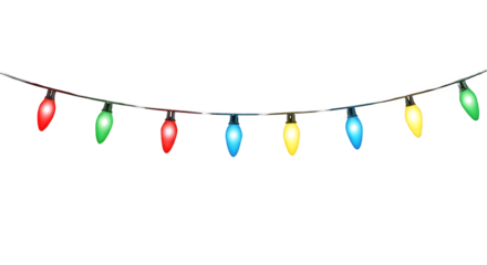 String of Colorful Christmas Lights with Red Green Blue Yellow Bulbs on Transparent Background Keywords: Christmas, lights, string, bulbs, colorful, festive, decoration, holiday isolated on