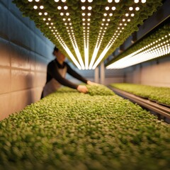 A vertical indoor hydroponic farm displays lush green trays of microgreens with a worker harvesting. Close, crisp macro focus on leaves, LED grow light glow and modern urban farming aesthetic. . Analy