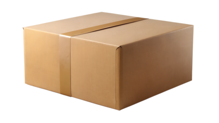 Brown cardboard shipping box sealed with tape isolated on transparent background