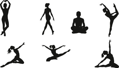 Obraz premium Silhouettes of dancers and yoga practitioners in various graceful and dynamic poses, representing art, movement, and wellness, isolated on white