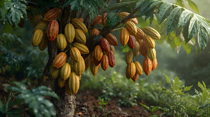 Obraz premium Cocoa Pods Ripening on Tree in Sunlit Farm Row