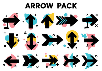 Modern Arrow Icons Pack. Set of Directional Arrows with Abstract Geometric Shapes and Colorful Memphis Style Elements for UI, Web, and Design Projects.