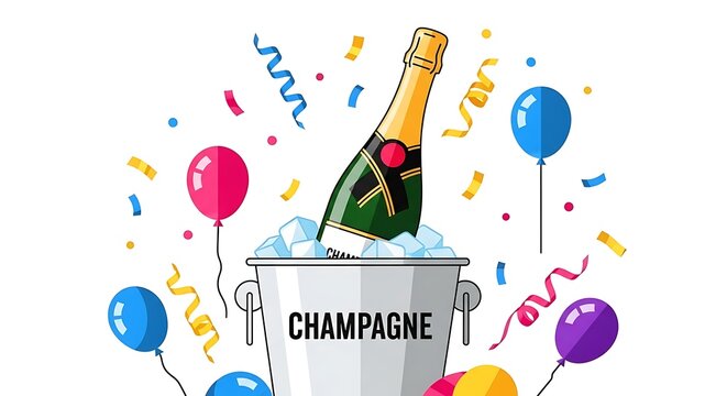 Festive Champagne Bottle in Ice Bucket Surrounded by Balloons and Confetti