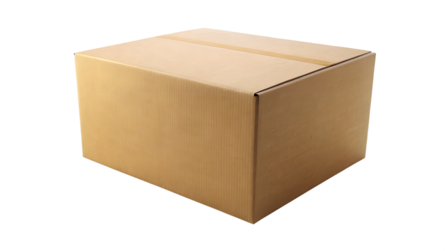 A closed brown cardboard shipping box, square shape, isolated on transparent background