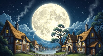 Fototapeta premium Enchanting Fantasy Village Under a Giant Full Moon.