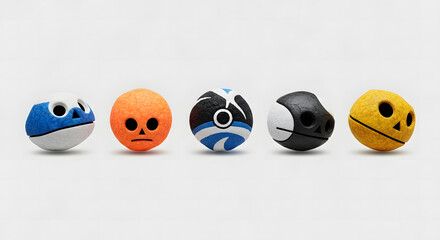 Five colorful spherical objects with skull designs.