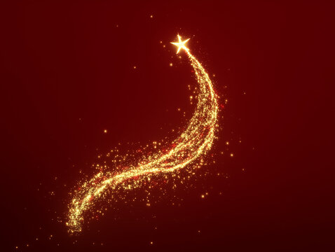 Particle Golden Star with Shimmering Trail on Red Background