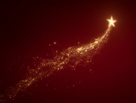 Magical Golden Star Trail with Glitter Particles on Red Background