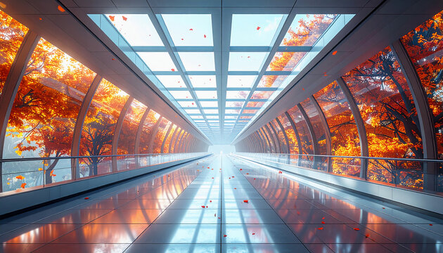 Futuristic architecture with a glass ceiling showcasing vibrant autumn foliage in a luminous, reflective corridor, creating an ethereal, modern ambiance blending nature and design