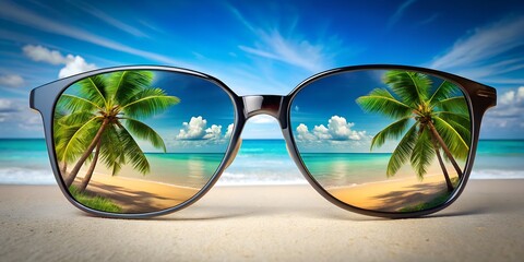 Sunglasses reflect a tropical paradise, capturing the essence of a serene beach with palm trees and clear skies, inviting a sense of relaxation and summer escape
