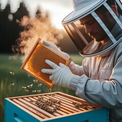 A beekeeper in protective gear inspects honeycomb frames at dawn with bees flying about. Soft backlight through smoke, macro detail of comb and bees, documentary-style ecological care. Analyze and und