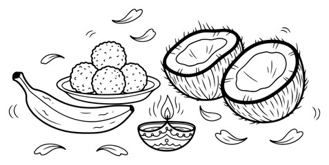Hand Drawn Diwali Festival Offering with Laddu Sweets and Diya Lamp Black Shape Vector Laser Cutting Engraving Monochrome Print