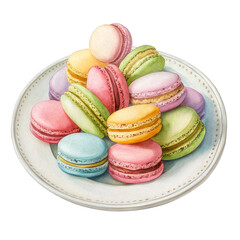 Obraz premium Watercolor Assortment of Colorful French Macarons on a White Plate, Isolated cookies dessert isolated on a transparent background