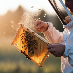 A beekeeper in protective gear inspects honeycomb frames at dawn with bees flying about. Soft backlight through smoke, macro detail of comb and bees, documentary-style ecological care. Analyze and und
