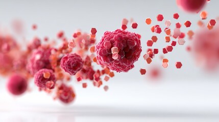 Abstract representation of vibrant red cells and hexagonal particles floating in a dynamic formation, illustrating the concept of cellular activity and interaction in a visually striking manner