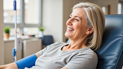 Elderly woman smiling while donating blood in modern clinic  