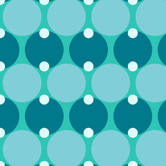 Seamless pattern of blue and teal circles with small white dots on a vibrant background.
