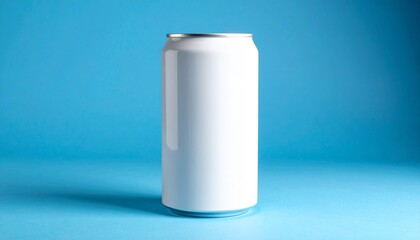 Plain white aluminum can on light blue background, upright with smooth reflective surface and shadow beneath.