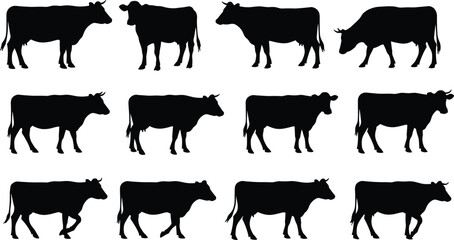 Cow silhouettes, cattle illustration, livestock vector, farm animals, dairy cow shapes, rural agriculture, grazing cattle, black silhouette art, animal posture, herd design