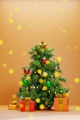 Christmas tree with gifts and bokeh lights. 3D illustration