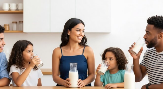 Happy multi-ethnic family drinking milk in the kitchen. Parents and children enjoying a healthy breakfast together. Healthy lifestyle and nutrition concept. - Powered by Adobe