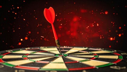 Red dart hitting bullseye on dartboard with glowing red particles and dark background, symbolizing precision and goal achievement.