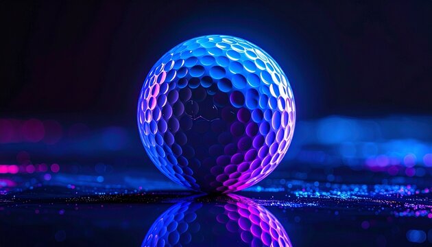Close-up of golf ball on reflective surface with neon blue and purple lighting against dark background, emphasizing texture and visual contrast.