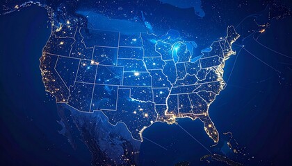 Digital map of the United States viewed from space, overlaid with glowing network lines and nodes highlighting major cities—symbolizing connectivity and data exchange.