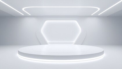 Futuristic white room with circular platform surrounded by vertical glowing light beams, glossy floor and curved walls—minimal and high-tech.
