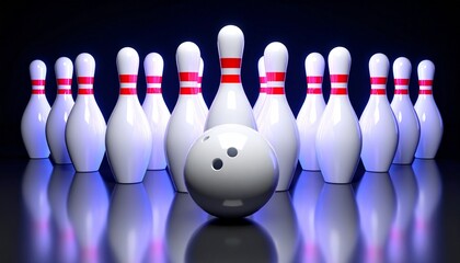 White bowling ball positioned before ten white pins with red stripes in triangular formation on reflective surface against dark background.