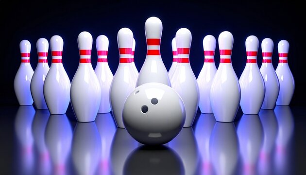 White bowling ball positioned before ten white pins with red stripes in triangular formation on reflective surface against dark background.