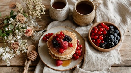 top-down view, rustic wooden table, brunch spread of pancakes, berries, maple syrup drips, ceramic mugs