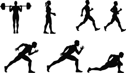 Obraz premium Silhouettes of male and female athletes in various poses, running, squatting with a barbell, and stretching, representing fitness and training