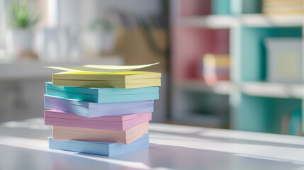 Pastel Post-it Notes Stacked on a White Surface with Soft Lighting and Blurred Background