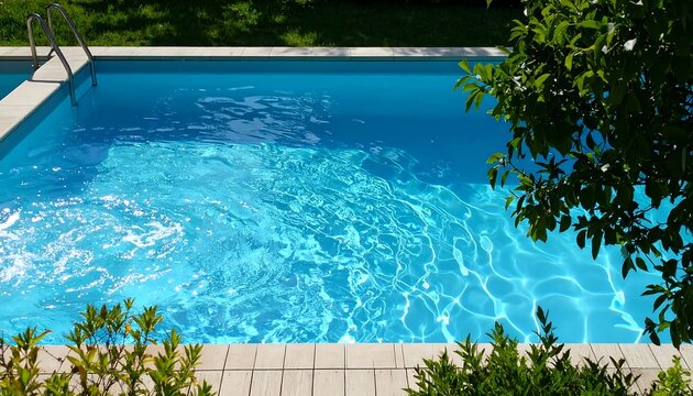 Inviting swimming pool with crystal clear water and lush greenery.